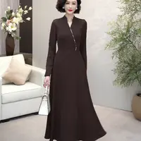 2025秋新品巧克力棕拼色设计精仿铜氨丝梭织抗皱长款连衣裙WF3309