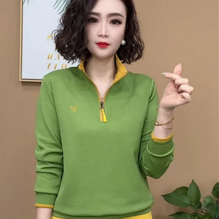 时尚撞色字母刺绣卫衣女2023春季新款宽松显瘦立领半拉链长袖上衣