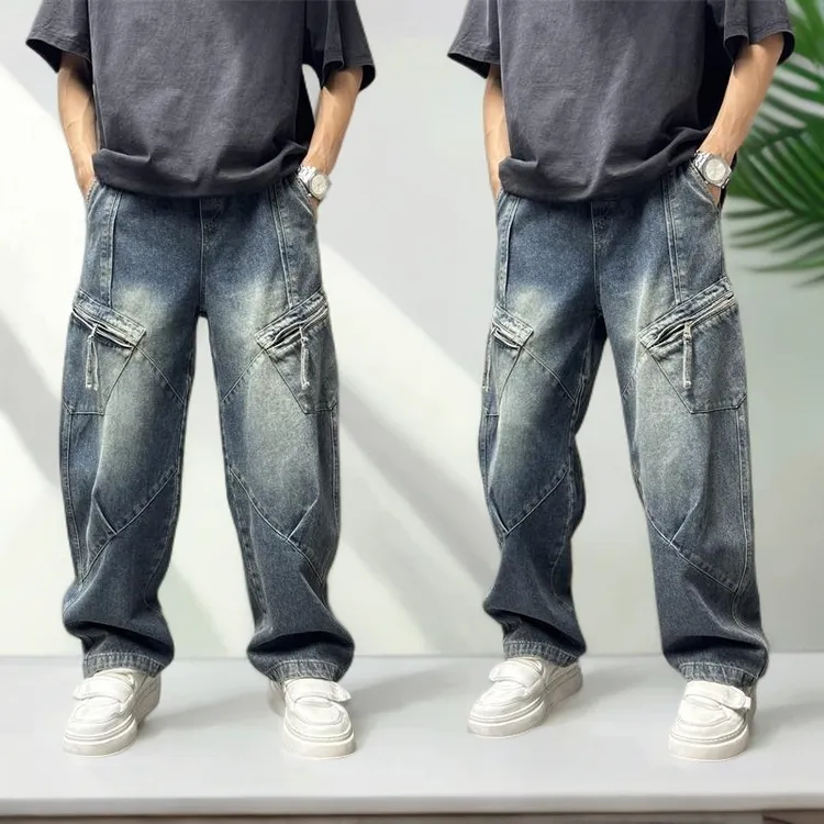 秋季做旧牛仔裤男美式韩版直筒长裤潮流弯刀裤宽松休闲阔腿牛仔裤