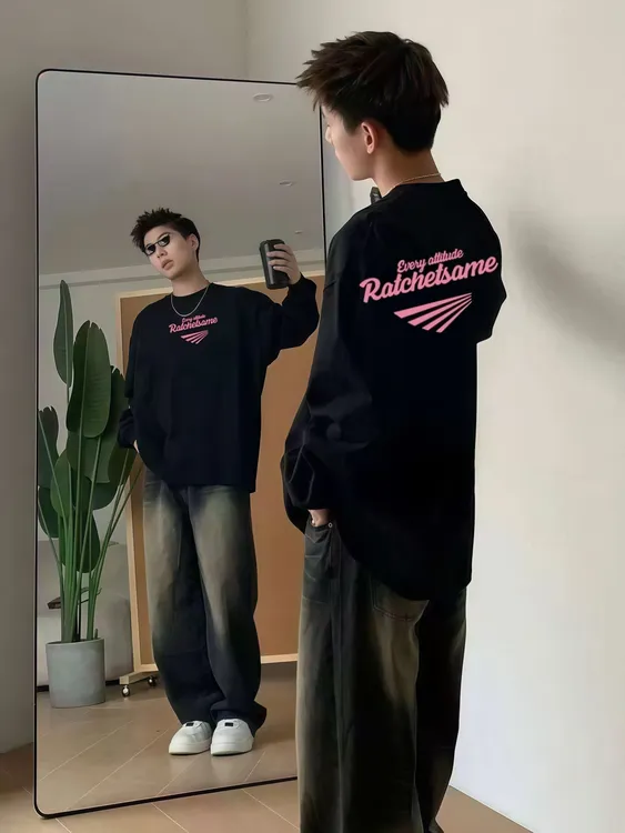 重磅潮牌复古字母印花宽松长袖T恤男秋冬季美式高街纯棉打底休闲