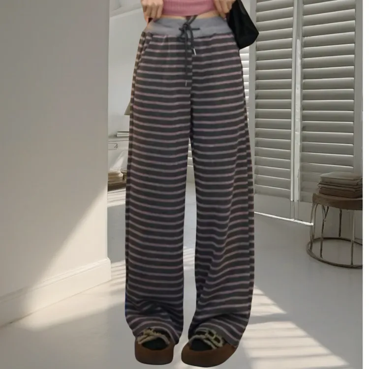 2025春季新款时尚设计灰粉色条纹拼接宽松阔腿裤薄款女裤