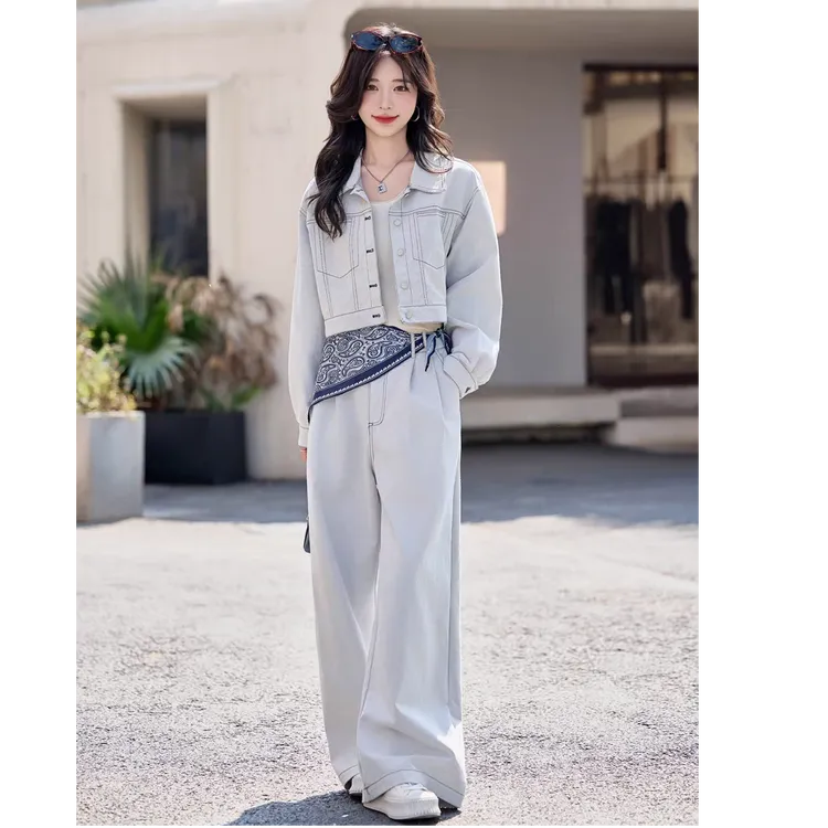 休闲时尚韩系牛仔套装2025女春新款气质宽松洋气牛仔阔腿裤两件套