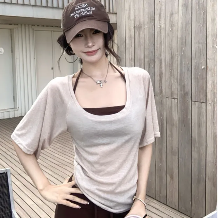 休闲显瘦轻盈呼吸感慵懒罩衫吊带嗲嗲两件套轻薄防晒叠穿夏季T恤