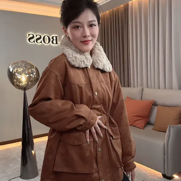 【耿老板6108#P】羔毛领精致中长款麂皮绒保暖战袍安心绒羽绒服