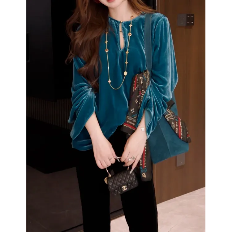 G. yantong/郭彦彤定制早秋款丝绒长袖上衣新中式轻奢