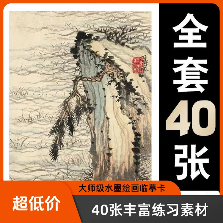石涛纸本小品国画临摹卡描摹大师级水墨绘画入门单片高清印刷40张