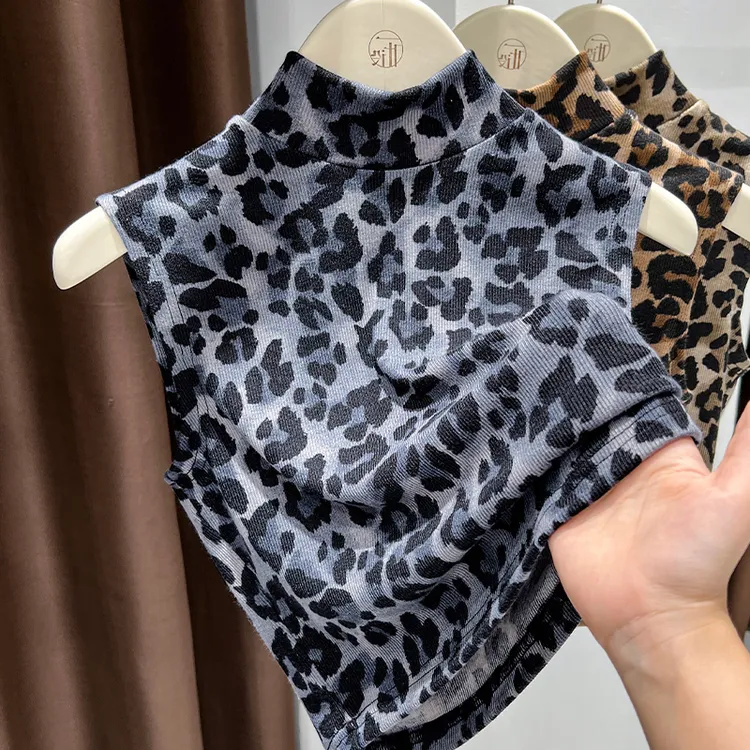 坎肩针织无袖t恤背心女初秋新款豹纹修身打底衫百搭气质高领上衣