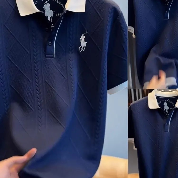 马标高端奢品麦穗纹路刺绣短袖polo衫休闲宽松时尚蓝色运动翻领