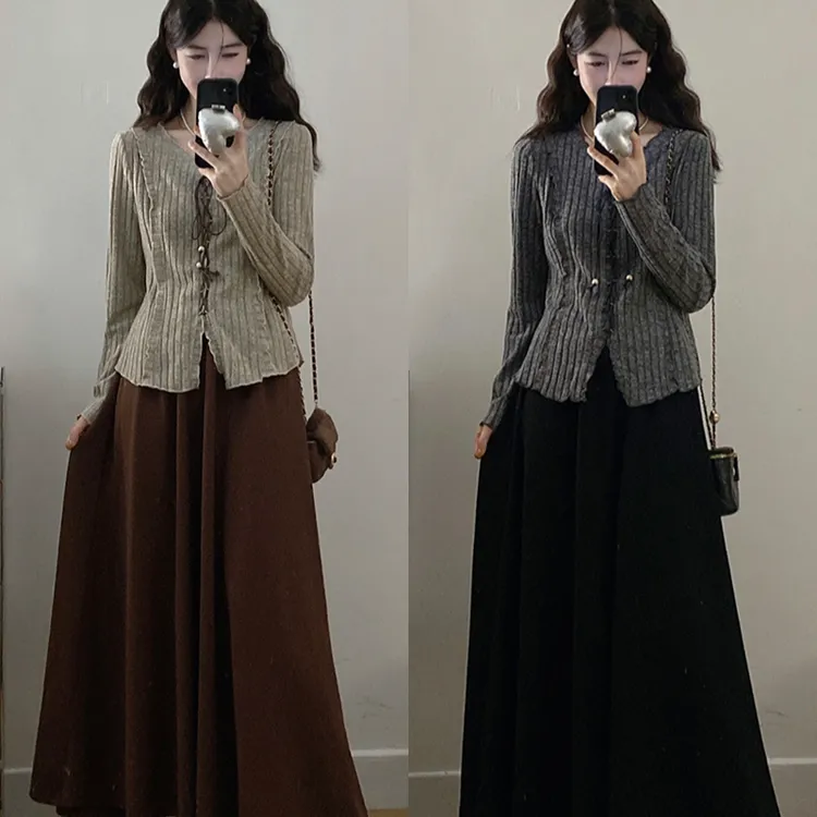 秋款胖mm大码女甜美坑条针织上衣中长款半身裙套装A0901+22905