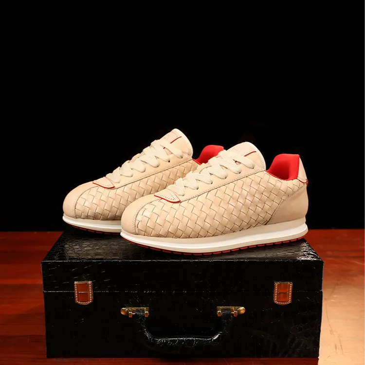 【胎牛编织】舒适防滑编织时尚休闲板鞋男士皮革拼接男款