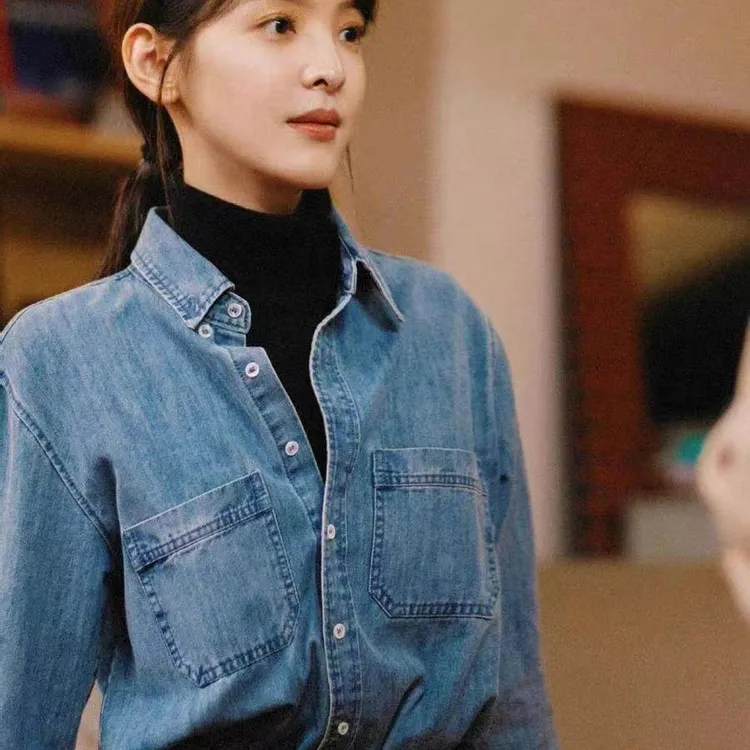 难哄温以凡章若楠同款牛仔衬衫女春秋季长袖复古衬衣内搭叠穿上衣