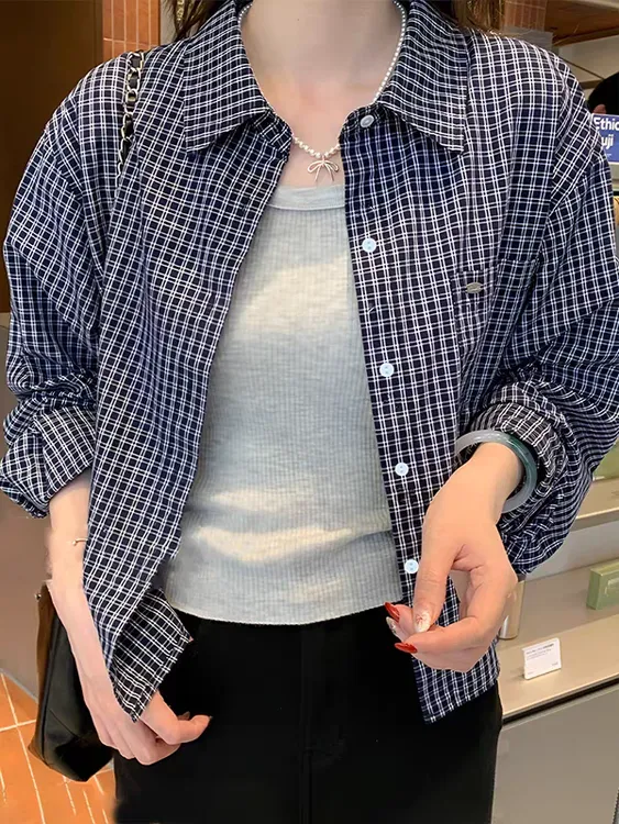 韩系气质小个子蓝格子衬衫女2025秋季新款宽松休闲百搭短款衬衣潮