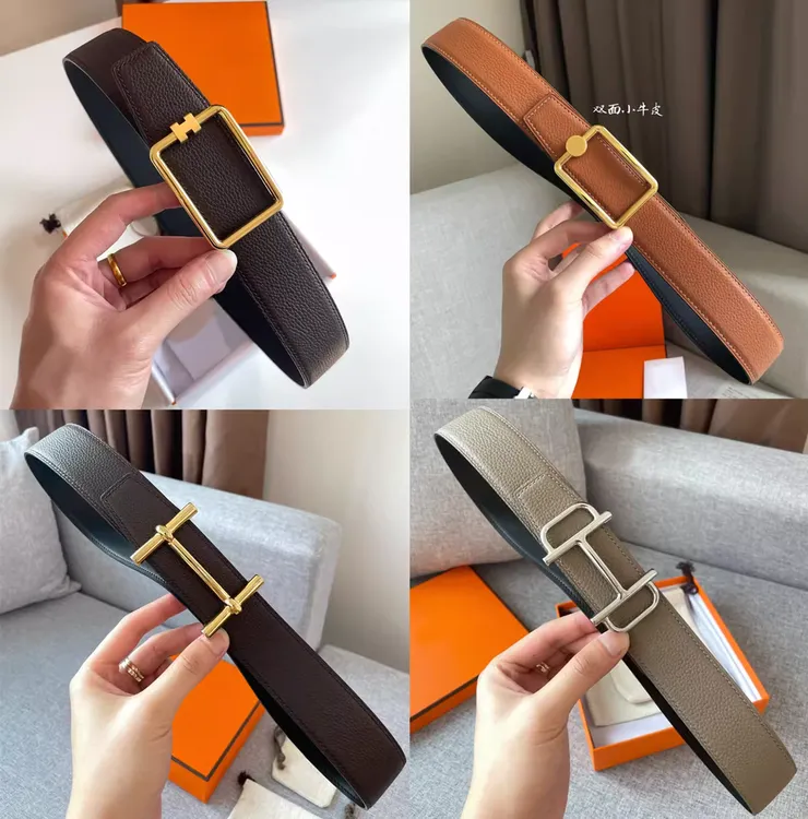 男士皮带真皮轻奢字母H扣两头尖荔枝纹腰带商务休闲时尚百搭简约