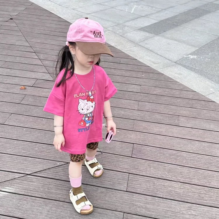 小惜亦女童2025夏季新款韩版粉色KT猫特许豹纹骑行裤女童夏装套装