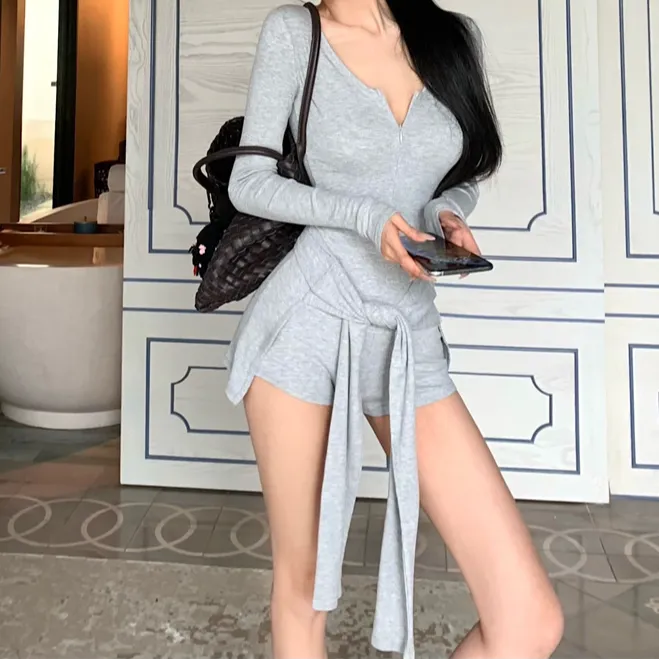 辣妹灰色长袖连体裤女夏季连衣裤绑带修身休闲裤高腰短裤连身裤子