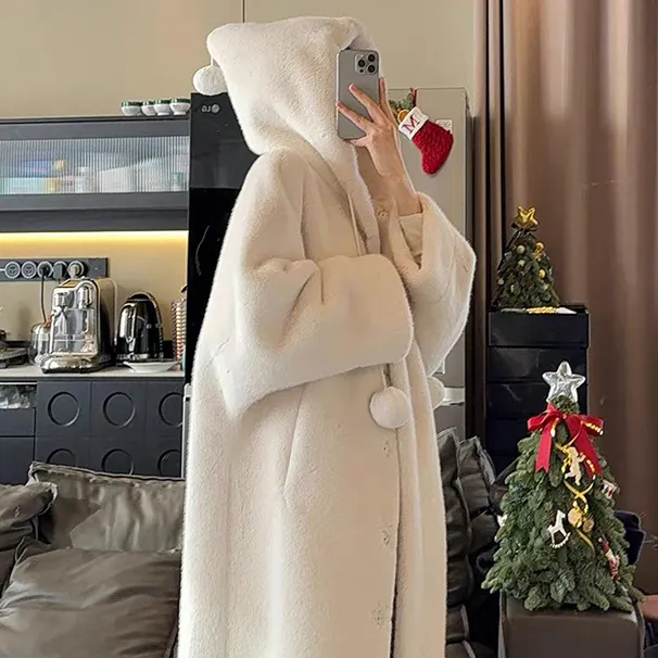 2025秋冬季毛茸茸复合一体连帽加长加厚巫师帽大衣毛毛外套女新款