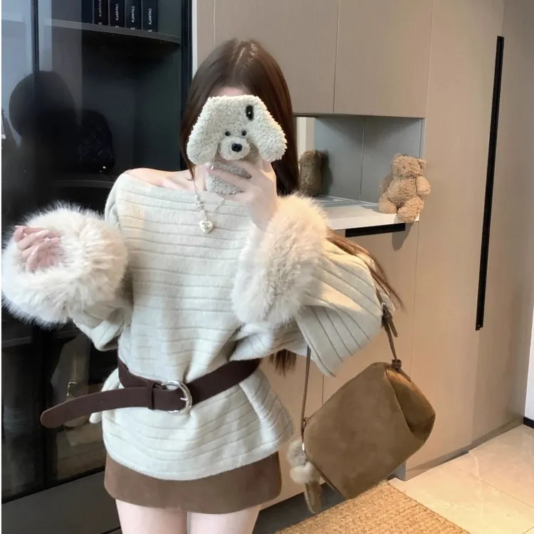 【玉肩半露】法式斜肩毛衣配腰带女秋冬高级感毛毛袖可外穿针织衫