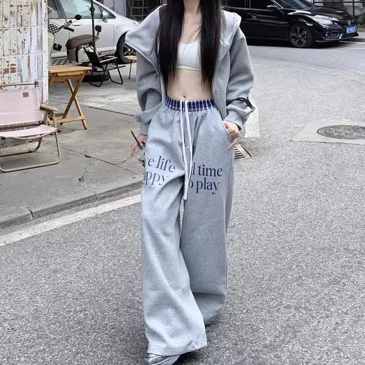 美式复古腰头拼接抽绳休闲卫裤女设计感宽松阔腿直筒裤潮