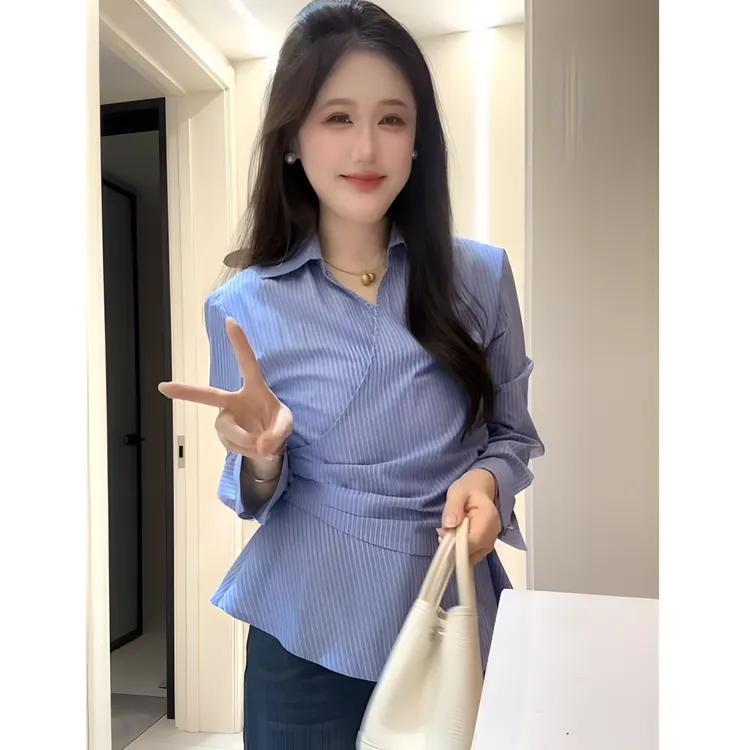 韩系侧边系带收腰交叉3D条纹衬衫女早秋新款设计感长袖衬衣939#