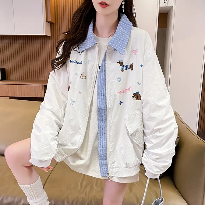 卡通刺绣翻领夹克女2025早秋新款初高中学生慵懒风宽松冲锋衣外套