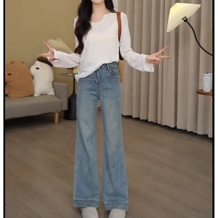 春季小众直筒高腰显瘦百搭微喇复古设计感牛仔裤裤子