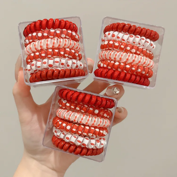 复古安可拉红色电话线发圈女高弹力马尾皮筋2026新款扎发头绳头饰