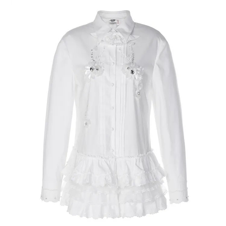 LeFame/拉飞姆25秋白花朵珠饰蛋糕花边衬衫裙连衣裙LF25Q31SB009