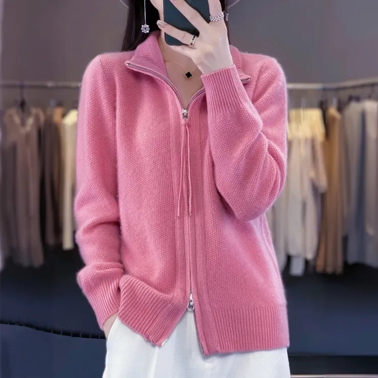 2025秋冬季女款100%羊毛衫立领纯色针织毛衣外套长袖慵懒毛衣宽松