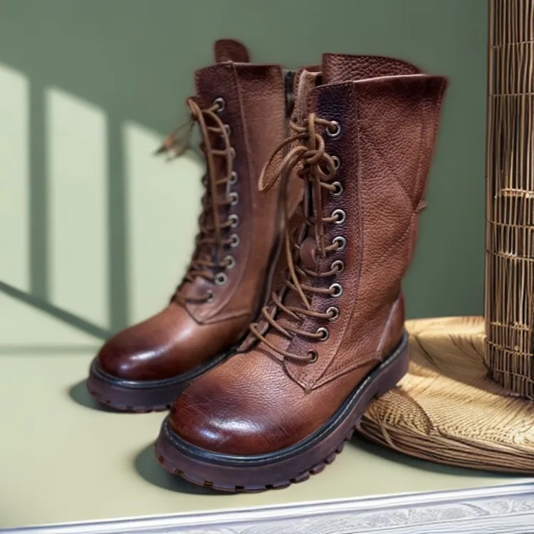 真皮英伦马丁系带厚底新款复古中筒废土风新中式方跟