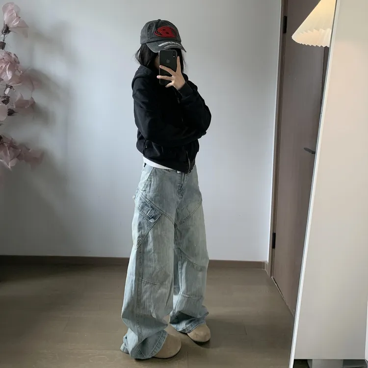 大码美式高街直筒工装牛仔裤女秋季新款宽松百搭显瘦高腰拖地裤子