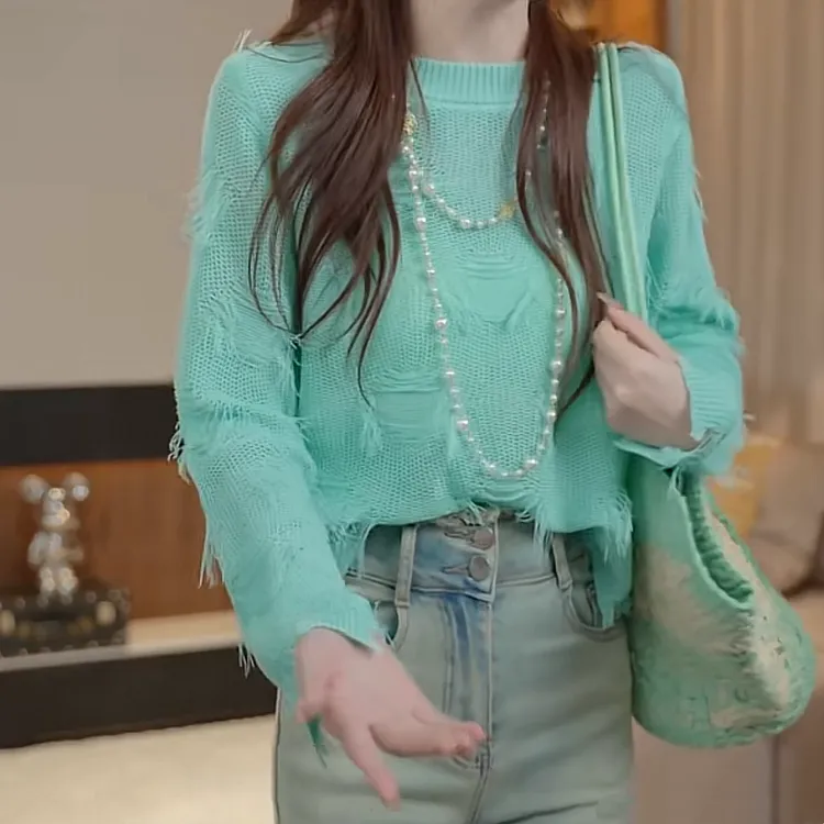 设计感宽松流苏磨破打底衫女2025新款春季时尚纯色长袖针织衫上衣