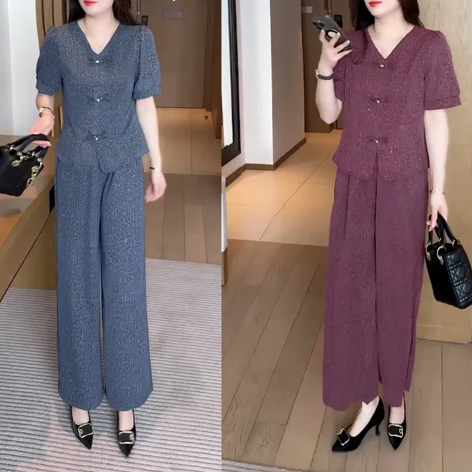 时尚显瘦套装女2025夏季新款洋气减龄盘扣短袖高腰阔腿裤两件套