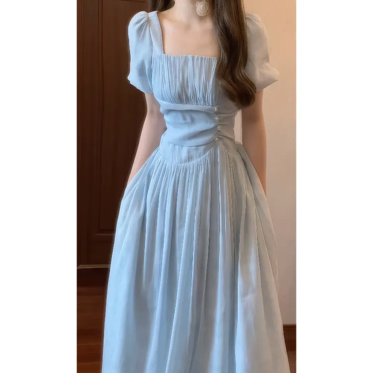 法式温柔蓝色方领连衣裙泡泡袖收腰气质长裙9669