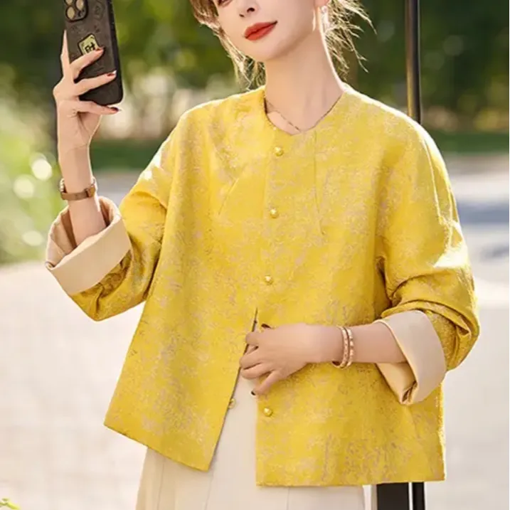 新款2025新中式国风黄色提花圆领优雅唐装外套女装