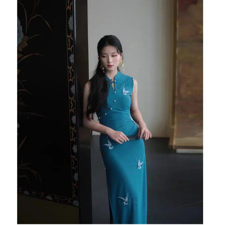 《蓝田玉蝶》复古修身气质小立领立体蝴蝶旗袍连衣裙