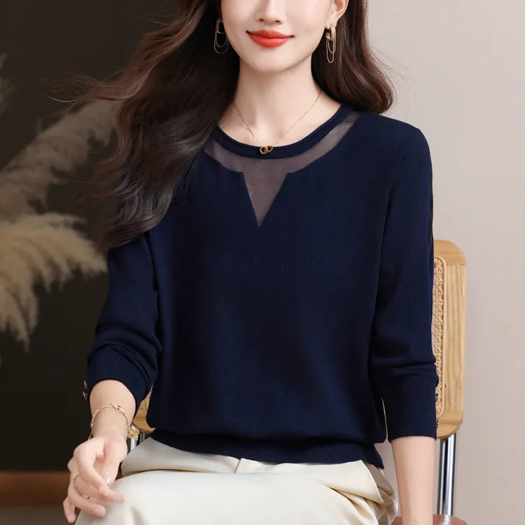 高级感圆领针织衫上衣女春秋季2025新款长袖薄款宽松打底毛衣洋气