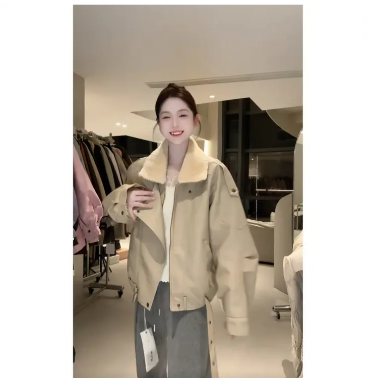 ins风加绒厚款机车夹克｜奶杏双领肌理感 港风辣妹宽松保暖外套
