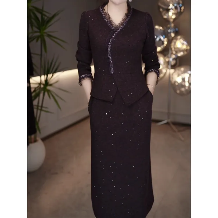 轻奢假俩件连衣裙秋冬季新款修身显瘦高端精致中长款裙子