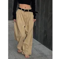 卡其褶皱设计感小众垂感阔腿牛仔裤女早秋新款宽松时尚百搭款裤子