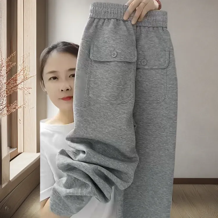 加绒加厚直筒卫裤女冬季新款宽松显瘦小脚哈伦裤高腰休闲运动裤