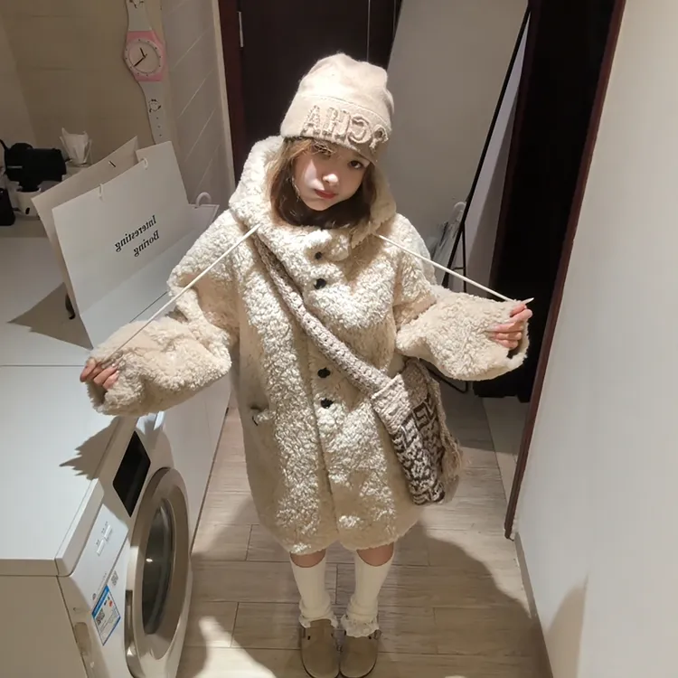 新款连帽毛绒外套少女毛毛上衣百搭中长款2025新款减龄保暖大衣女