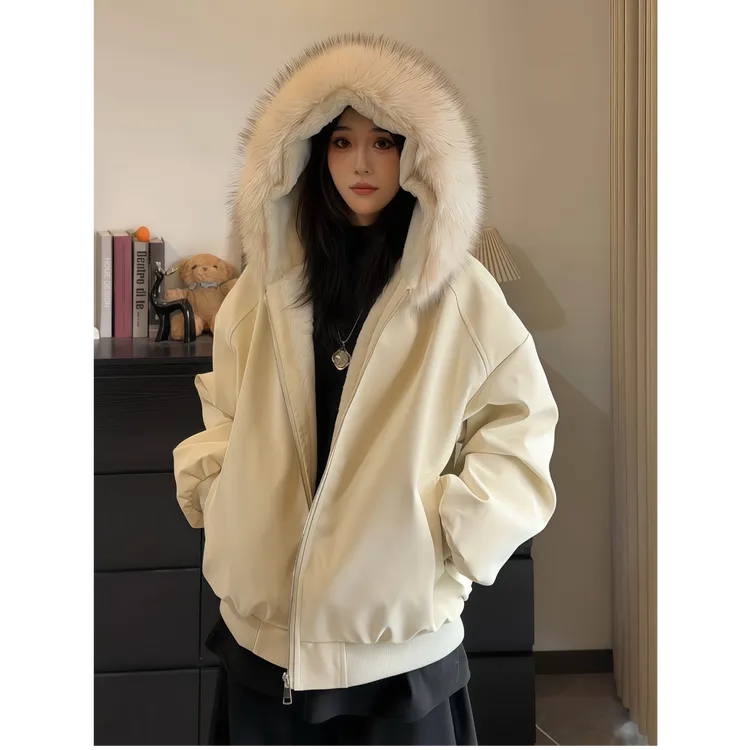 冬季韩式情侣荔枝纹pu皮大毛领加绒棉衣座山雕男女同款加厚棉服潮