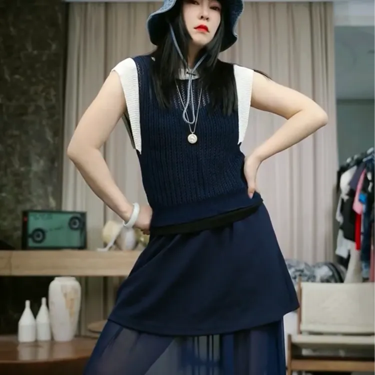 infobyfive福利夏季新款假两件拼接拼色短袖针织衫背心NF0506602