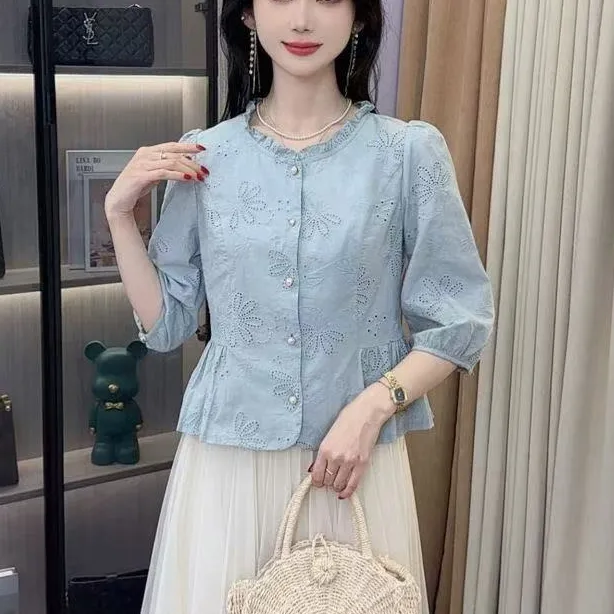 100%纯棉法式圆领衬衫女2025早秋新款显瘦减龄宽松遮肚百搭上衣潮