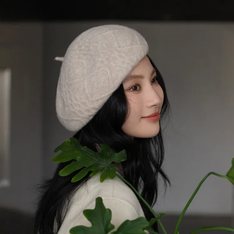 疯帽子 纯羊毛时尚贝雷帽 复古画家帽子绞花针织蓓蕾女款25秋季新