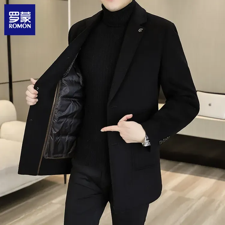 罗蒙冬季高端男士羊毛双面呢大衣中长款西装领毛呢大衣男款冬季