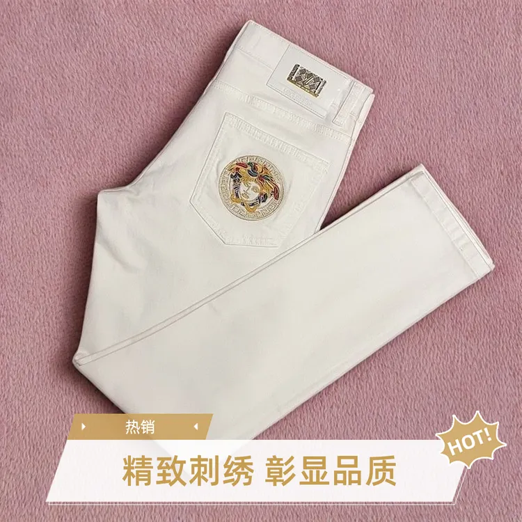 欧货高档新款白色牛仔裤男款精致刺绣弹力修身时尚百搭潮流长裤