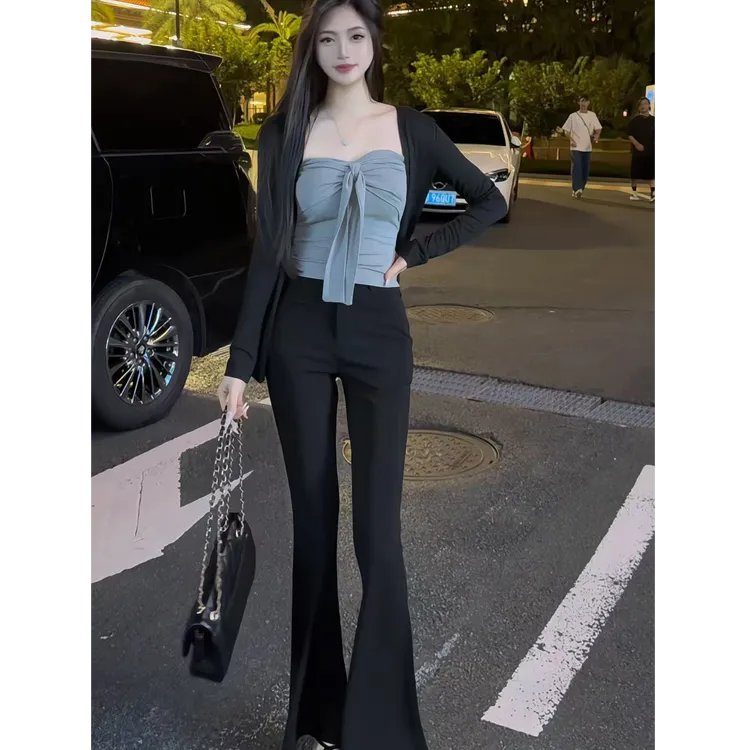 秋季自留款韩系姐姐纯欲性感深灰色抹胸吊带修身开衫搭修身喇叭裤