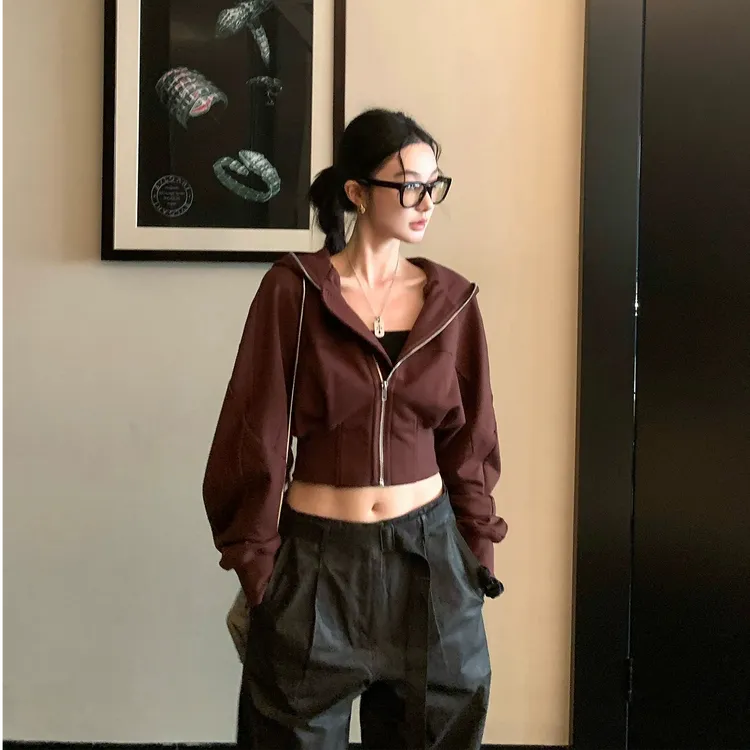 2025年秋季美式chic时尚洋气修身显瘦拉链开衫连帽外套女宽腿裤子