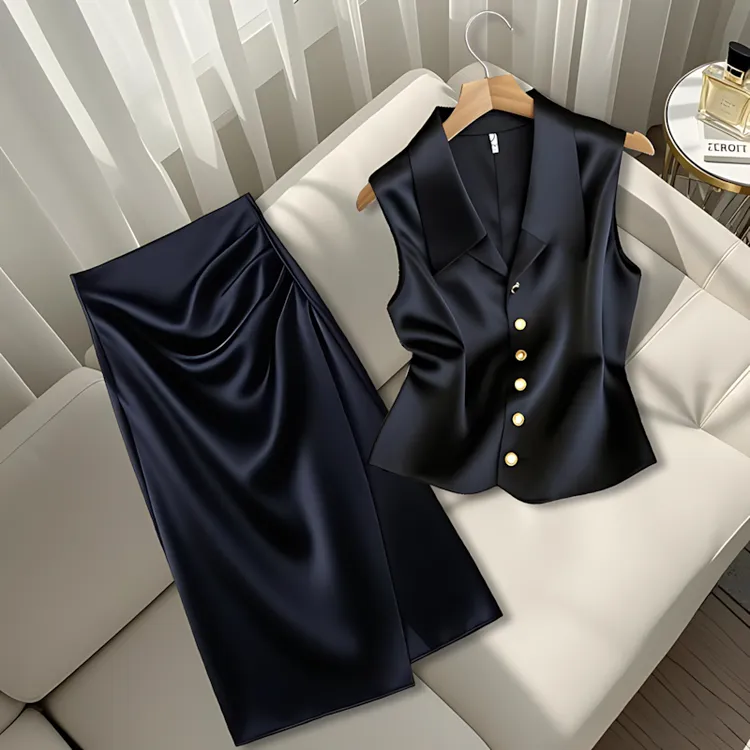 套装女夏季2025爆款法式气质v领无袖缎面马甲背心黑色高端半身裙